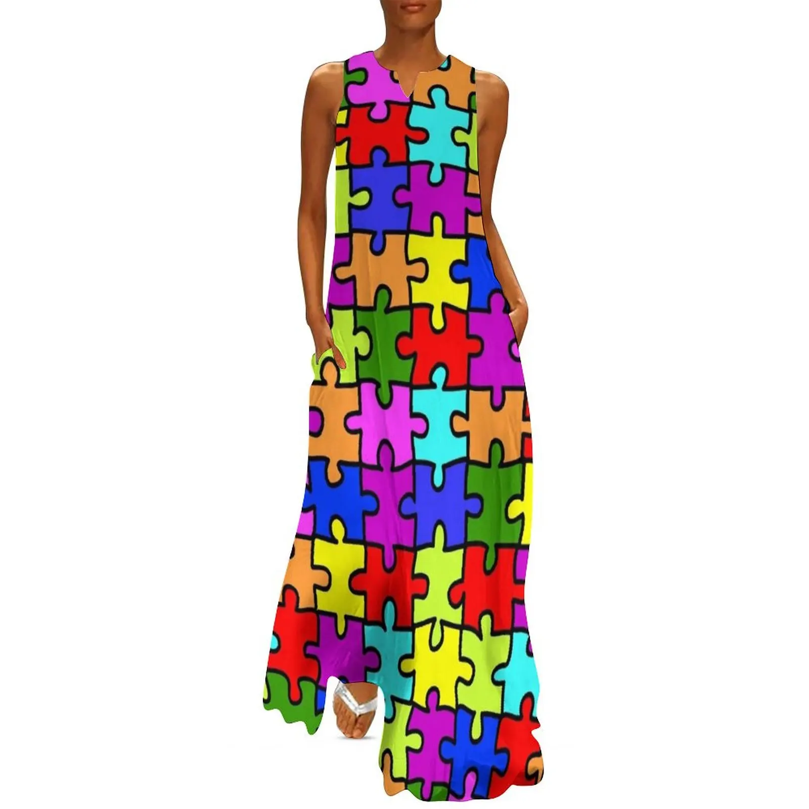 

Colorful rainbow jigsaw puzzle pattern- autism awareness Long Dress women evening dress women"s dresses luxury