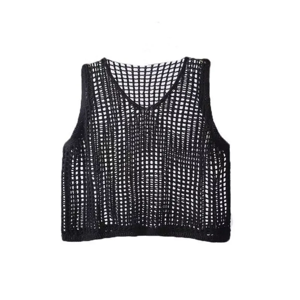 New Mesh Hollow Out Vest Top Sleeveless Lightweight Loose Fit Vest Short Length Layering Vest Top Women