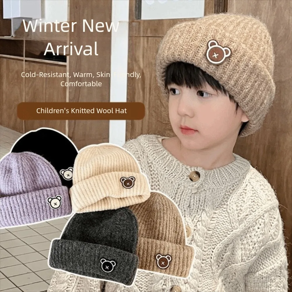 

New Cartoon Bear Children Beanie Cap Warm Thicken Crochet Wool Hats Windproof Winter Cap Kids Boys Girls