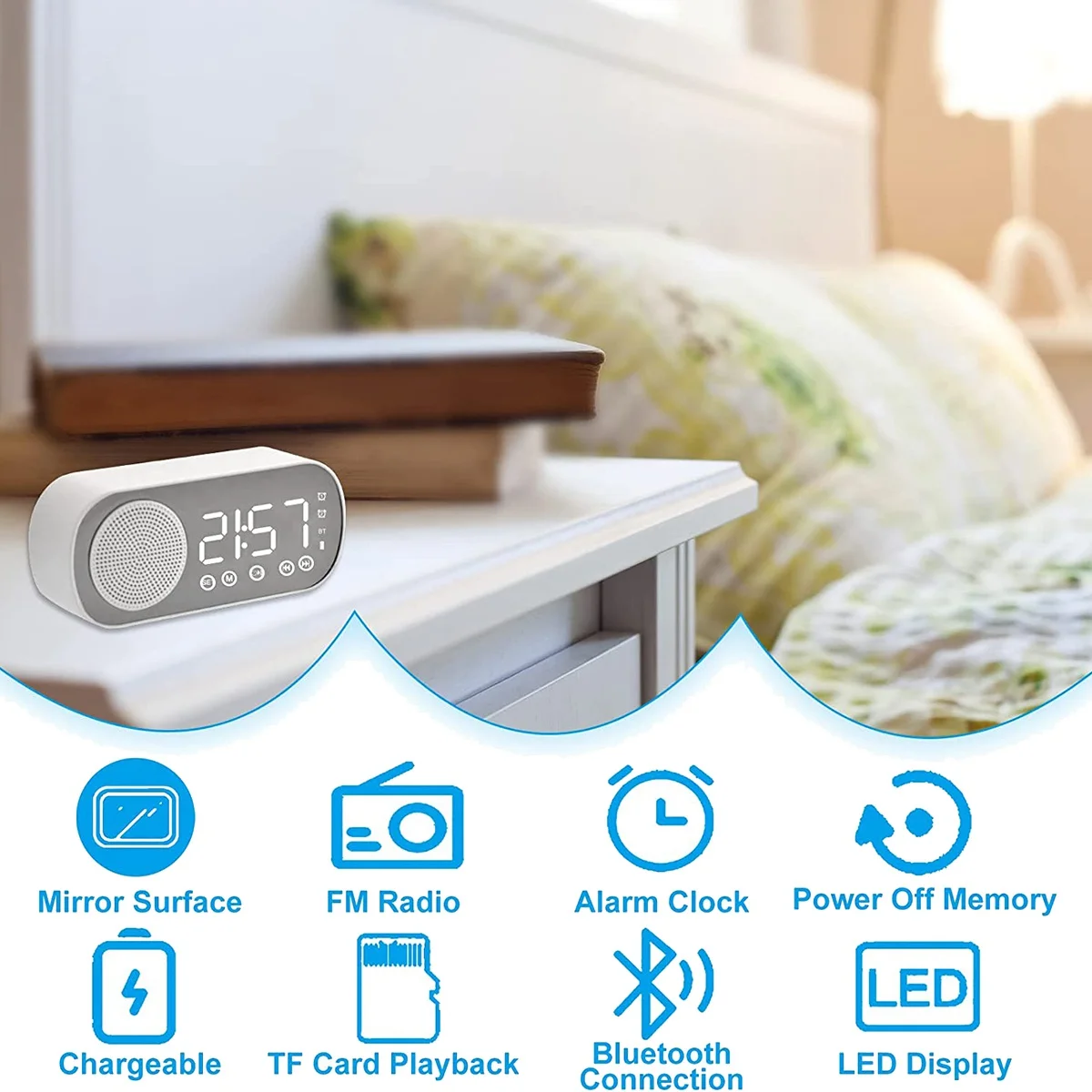T85C LED Digital Alarm Clock with FM Radio and Bluetooth Speaker, 3 Levels Brightness Diming Mode,Snooze Clocks for Decor