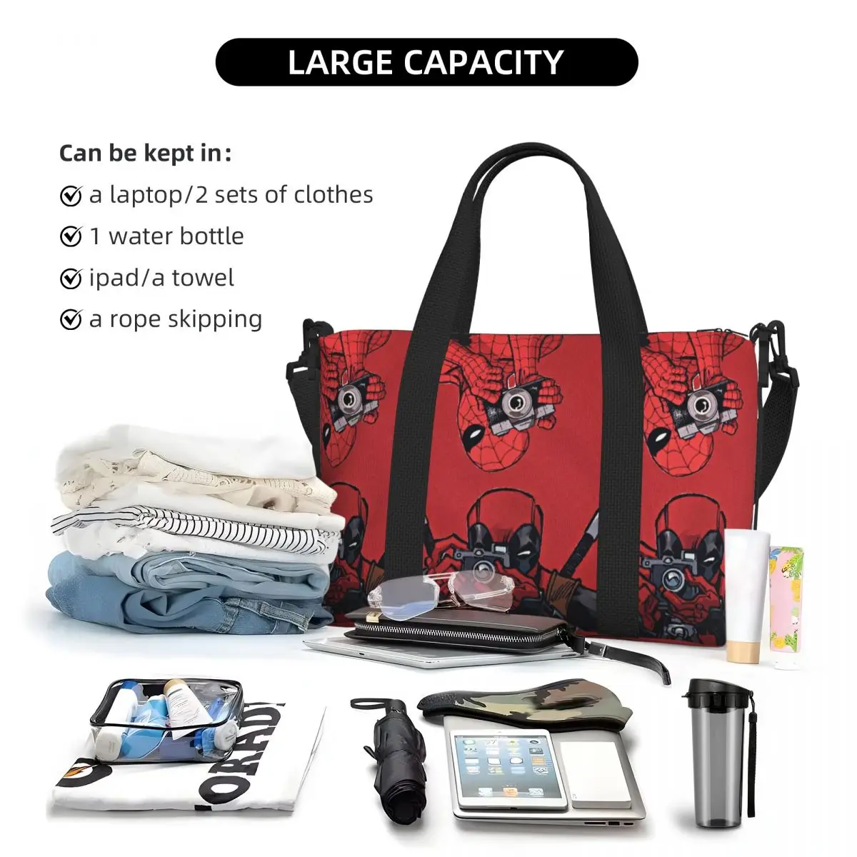 Custom Deadpool Photograph Beach Tote Bag for Women Big Compartment Gym Beach Travel Bags