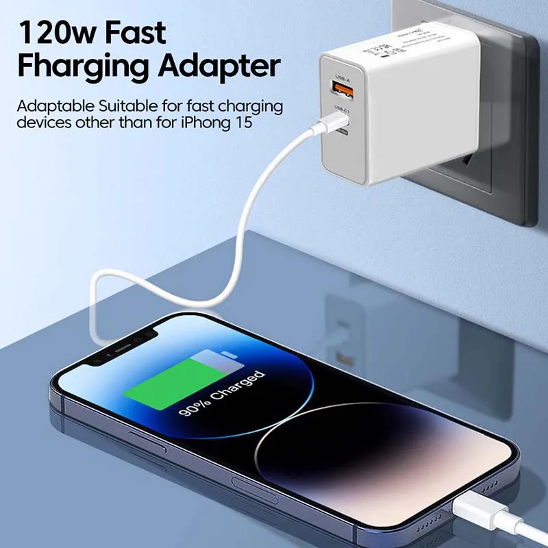 Cargador rápido de 120W, adaptador USB tipo C para iPhone 15, 14, 13, Samsung, Xiaomi, carga rápida 3,0, cargador de pared de 67W