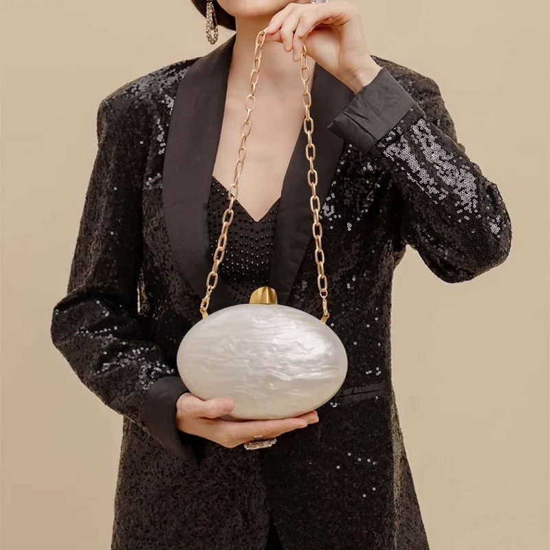 

2025 New Design Female Acrylic Egg Shape Clutch Bag Luxury Designer Oval Evening Party Purse Shell Handbag Wedding Shoulder Bag