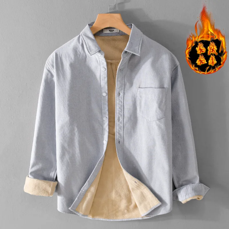 Thickened Fleece Long Sleeve Shirt Men's Loose Casual Youth Warm Oxford Cloth Standard Fit Collared Shirt Daily Wear Winter