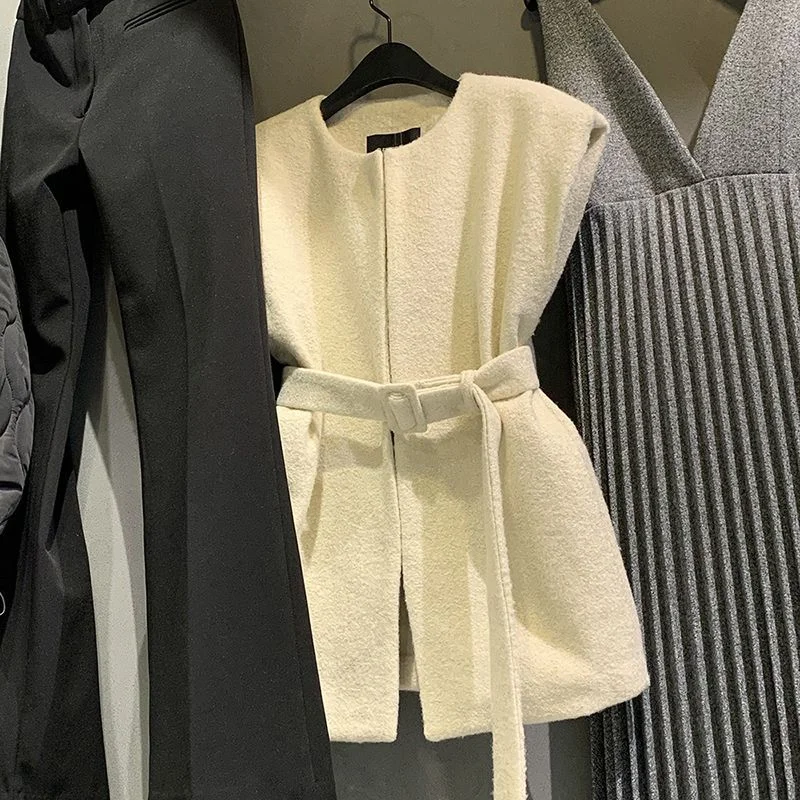 Retro Loose Mid Length Jacket Vest With Belt 2025 Autumn New High-end Zipper O-neck Top Women's Korean Version Slim Fit Coat