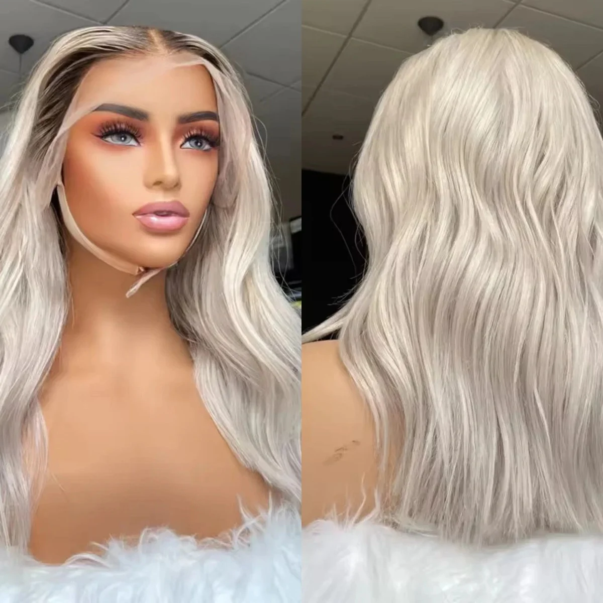 

Эластичный натуральный волнистый синтетический HD парик фронта шнурка для женщин Модный светло-белый блондин парик на распродаже Парики высокой плотности