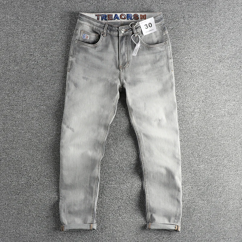 

Retro American Style Slim Fit Straight Leg Jeans Men's Elastic High End Simple Long Pants Grey Smoke Denim Youth Fashion