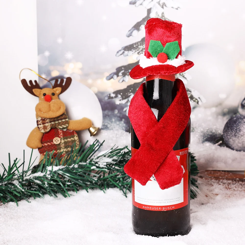 5/1Sets Christmas Wine Bottle Cover Scarf Hat Sets Santa Claus Wine Bottle Decors Xmas New Year Dinner Table Decoration Gifts