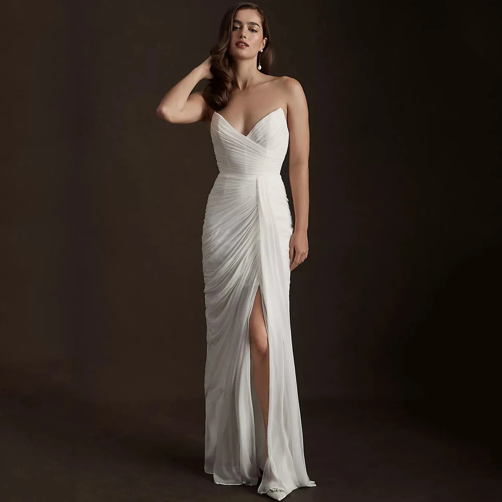 Robe de mariée classique en mousseline de soie, col en v, sans bretelles, sans manches, Sexy, dos ouvert, droite, fente latérale, longueur au sol, robe de mariée civile