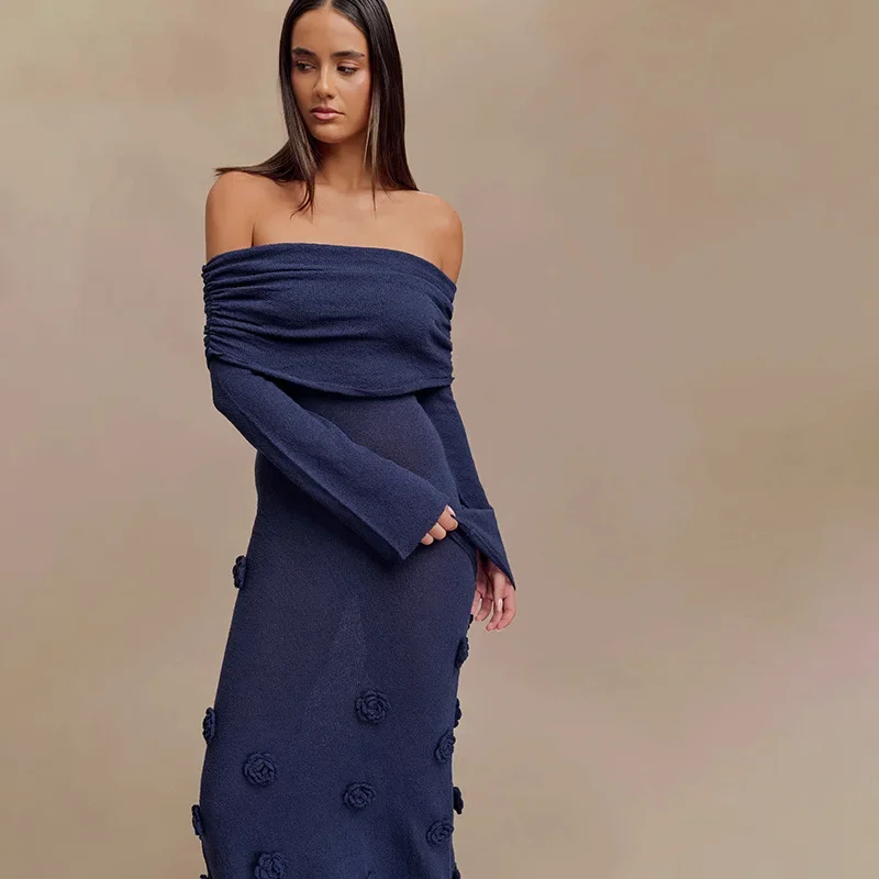 

XIAOTANG Elegant Floral Appliques Knitted Maxi Dress for Women Sexy Off Shoulder Long Sleeve Slim Holidays Party Dresses 2025