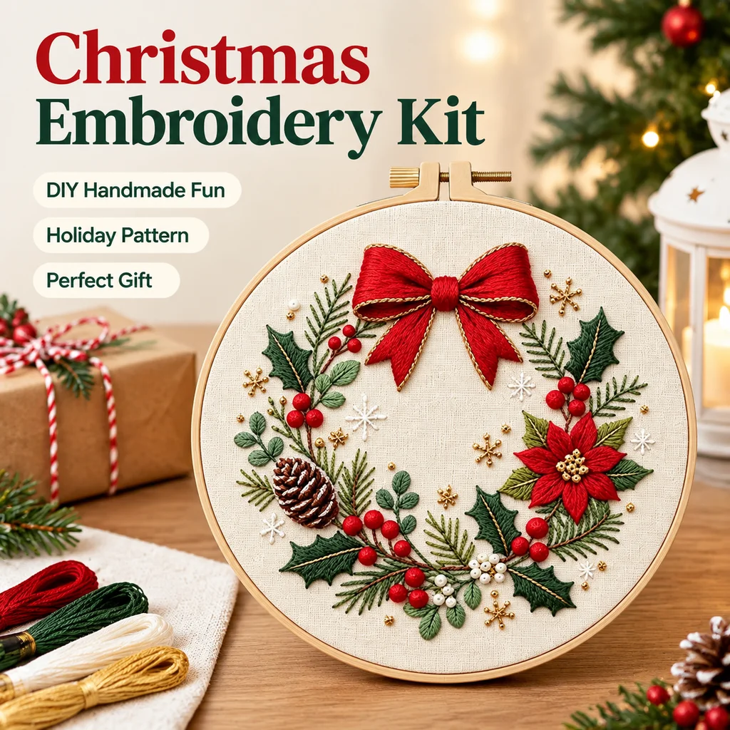 Christmas Embroidery Kit with EN Instruction Thread Stamped Cloth with Holiday Pattern for New Year DIY Gift