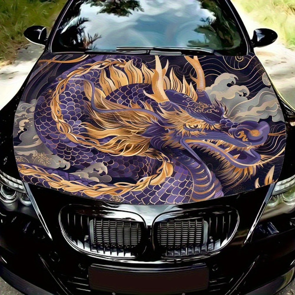 Decalque de carro de vinil de dragão roxo atraente e estilo chinês - decalque de envoltório de capô durável e resistente ao desbotamento, fácil limpeza, protegido UV -