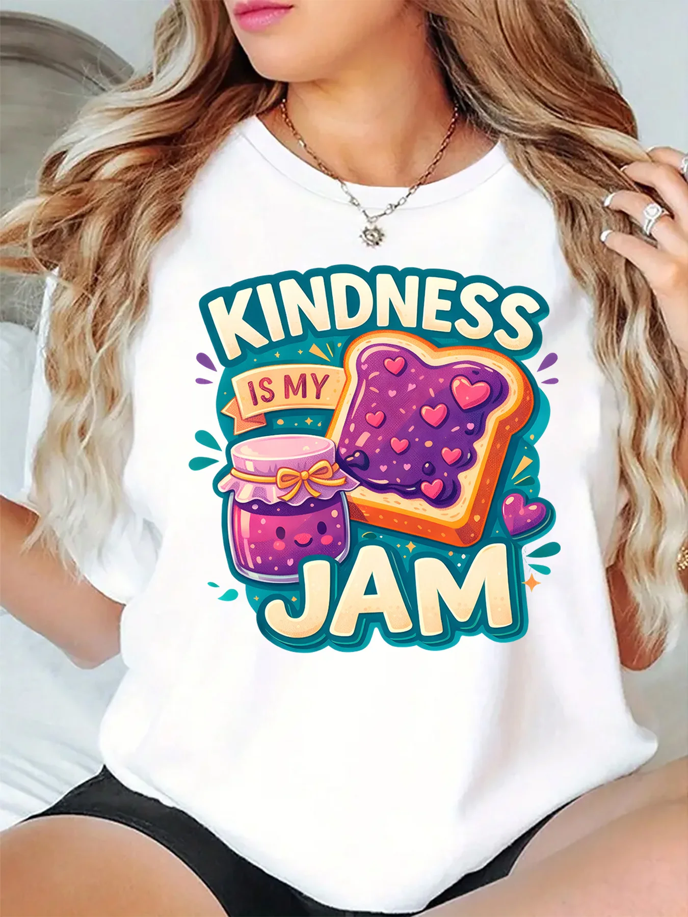 Positive Womens T Shirt Kindness Is My Jam Sweet Toast Jam Jar Lovely Cartoon Slogan Print O Neck Short Sleeve Casual Daily Tops