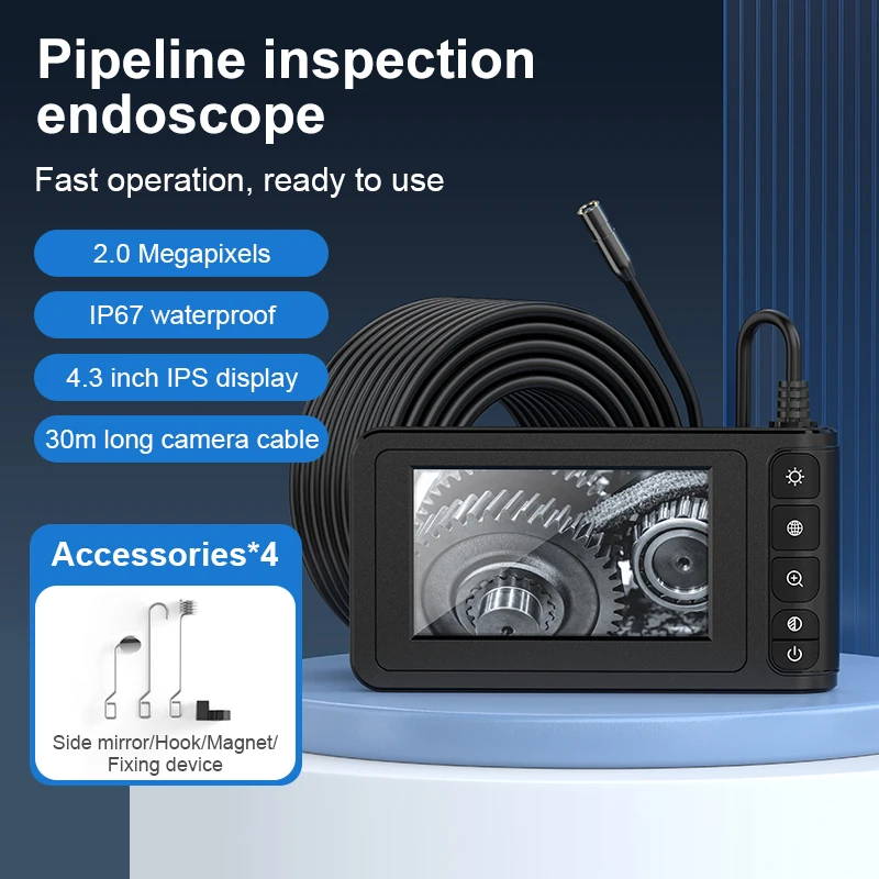 Industrial Endoscope Camera 4.3'' IPS Screen HD1080P 30Meter Rigid Cable Pipe Sewer Inspection Borescope IP67 Waterproof 2000mAh