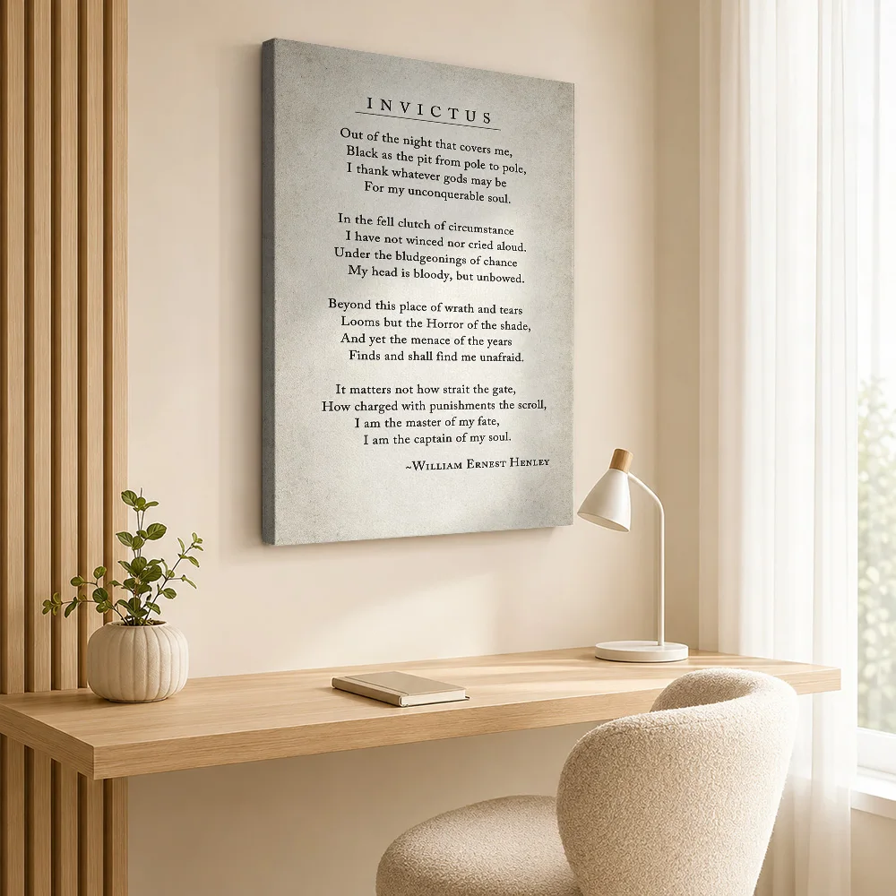 William Ernest Henley Invictus Framed Canvas Print Personalized Photo Vintage Parchment Illustration Wall Art For Reading Nook