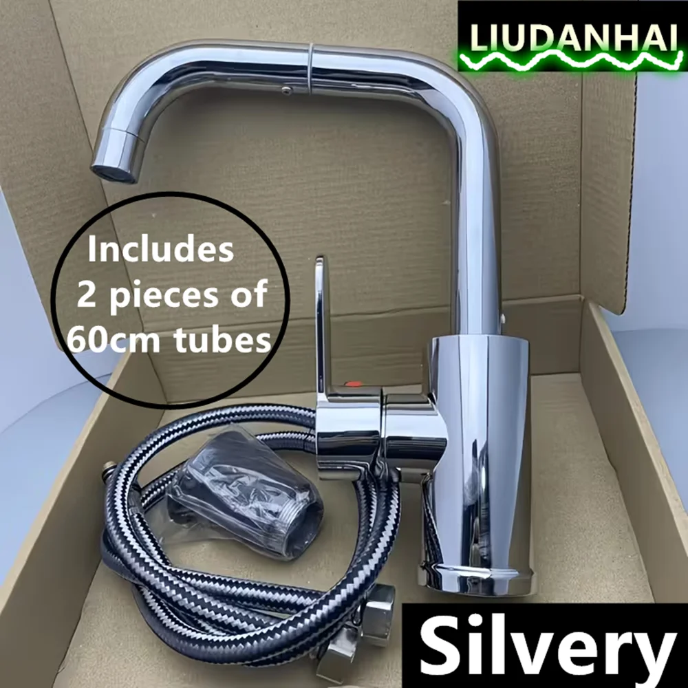 Chrome Single Handle Mixer Tap, 360 Degree Rotatable Kitchen & Bathroom Sink Faucet with Water Hoses