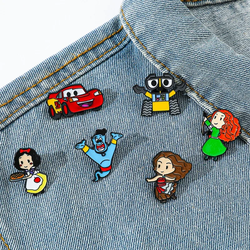 

6pcs Disney Cartoon Enamel Pin Lightning McQueen Robot Snow White Lapel Pins Cute Brooches Badges on Backpack for Holiday Gifts