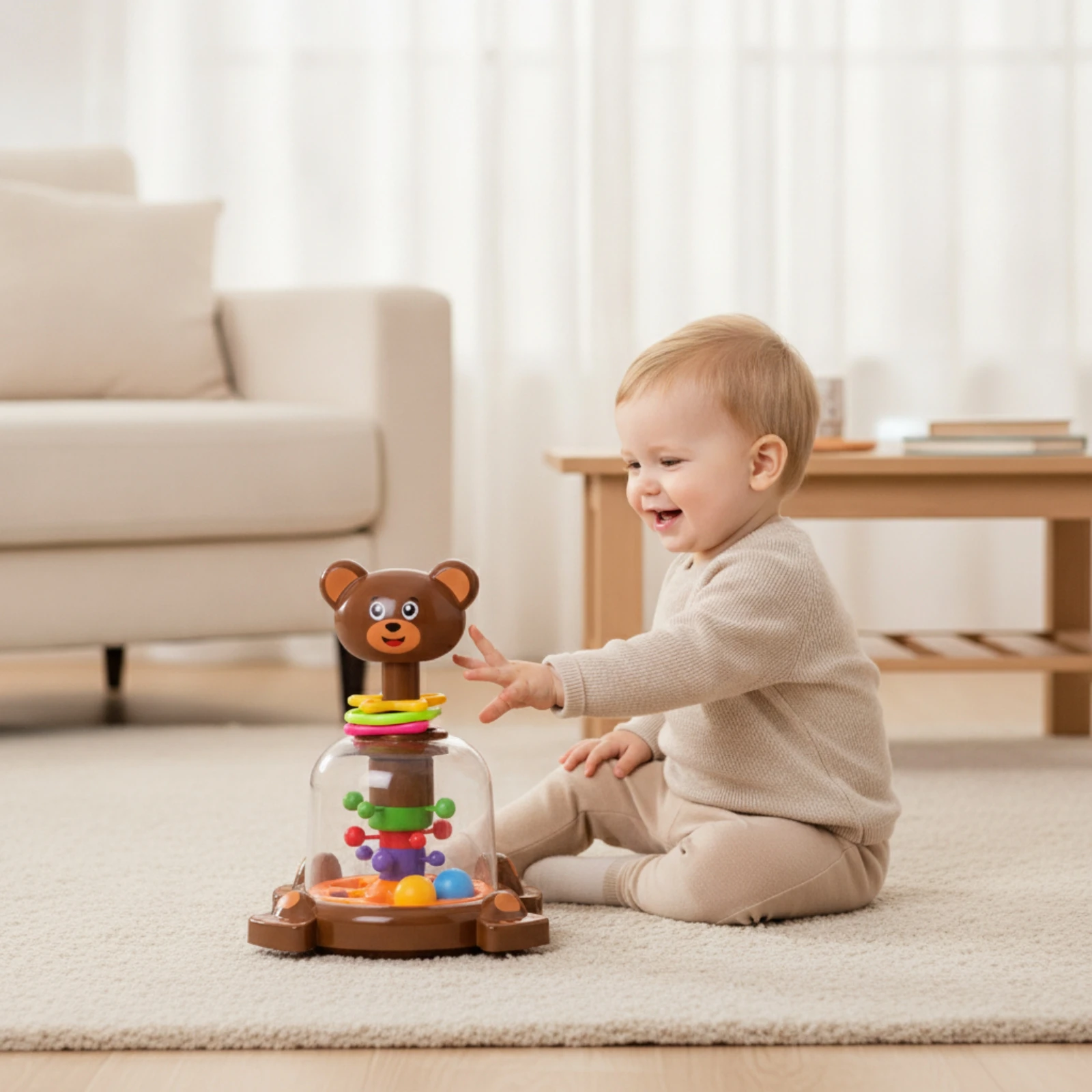Press and Twirl Toy Developmental Twirling Top with Animal Bouncing Ball Toy Colorful Vibrant for Toddlers, Floor Play