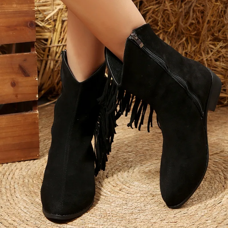 Women's Retro Fringe Suede Women's Round Toe Chunky Heel Short Boots Slimming V Cut Rain Boots for Women Wide Calf Wide Width view 2