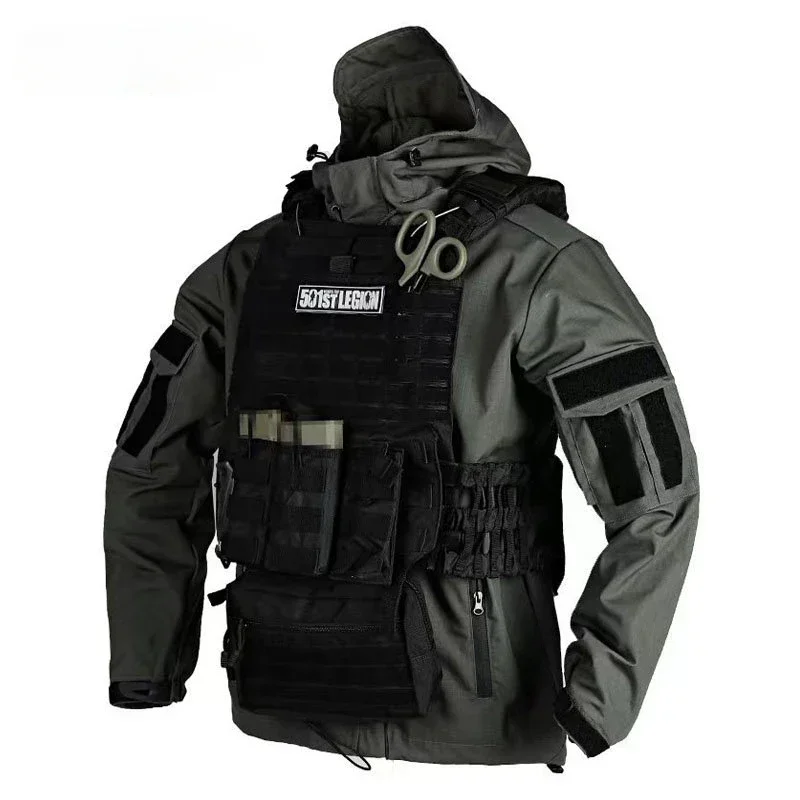Chaqueta táctica de caza al aire libre para hombre, chaquetas de entrenamiento de camuflaje impermeables con múltiples bolsillos, abrigo largo con capucha a prueba de viento para senderismo