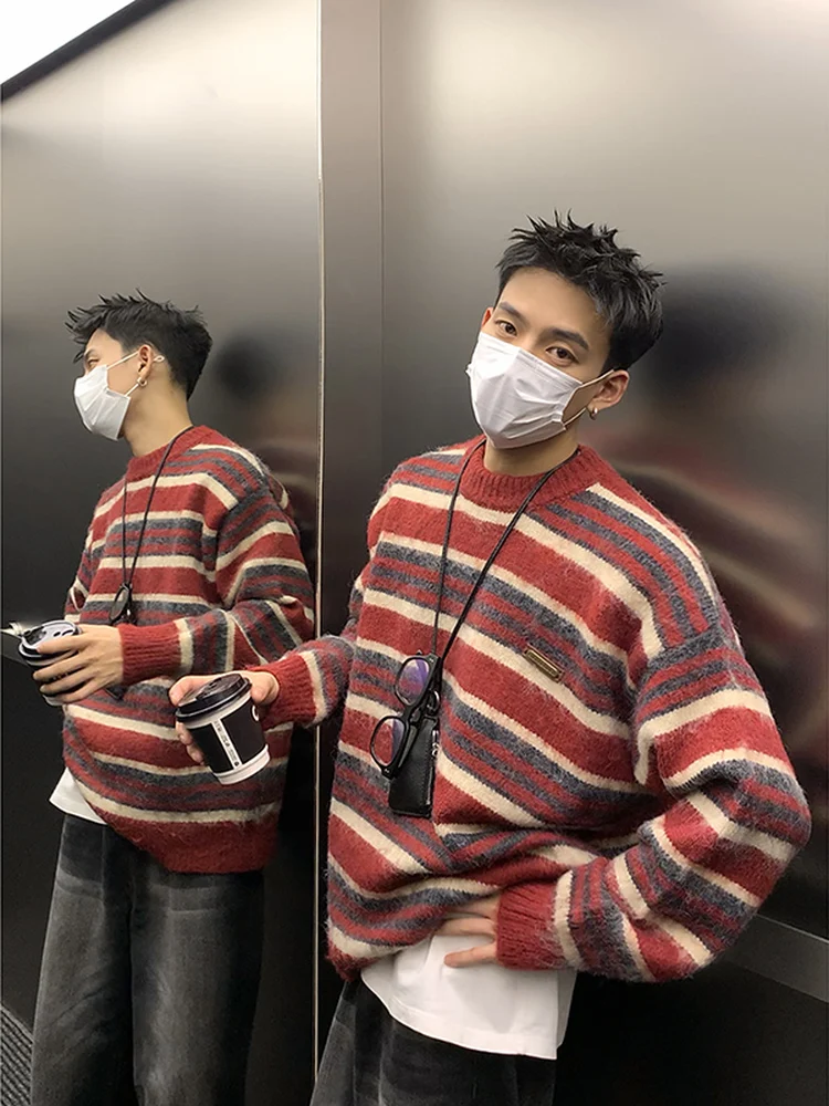 

PLTH American Retro Striped Color Blo round Ne Loose Camere Men's Lazy Autumn Winter Knitted Sweater Base Layer Top