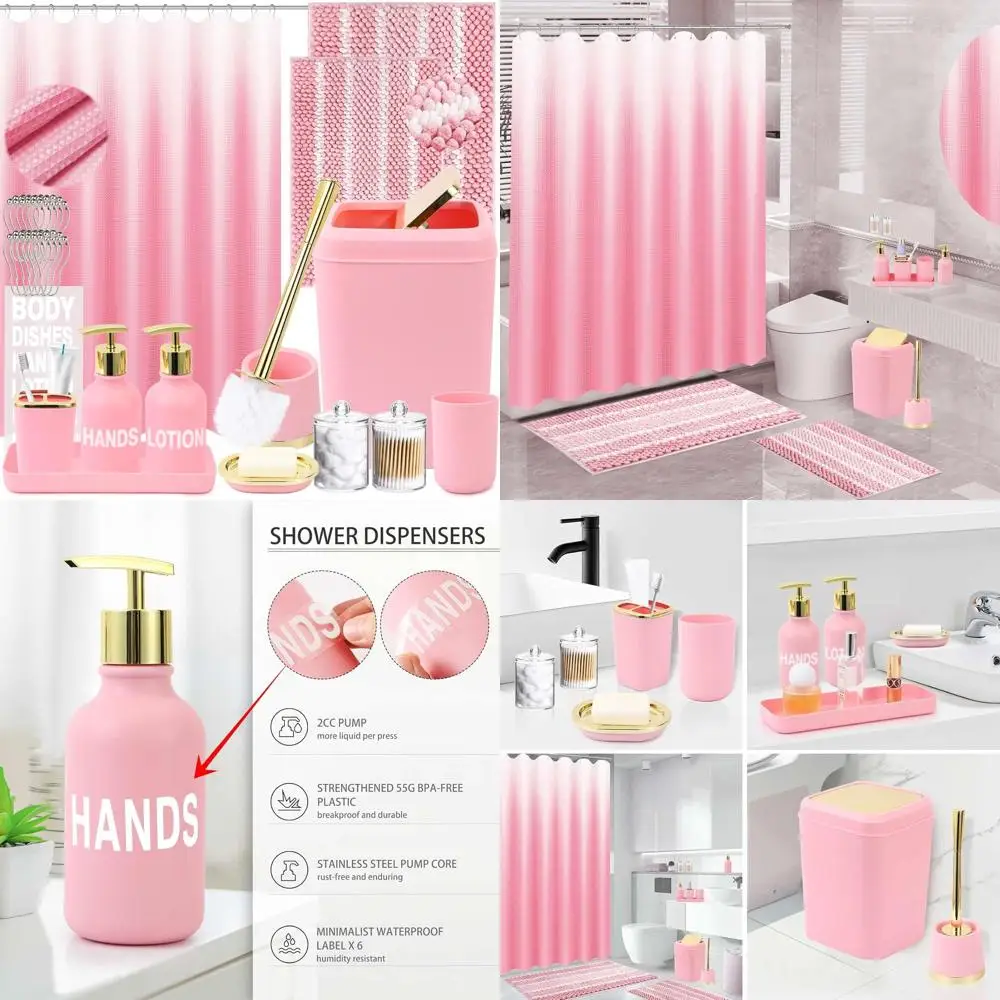 

Complete Pink Bathroom Accessory Set: Shower Curtain, Rugs, Trash Can, Toilet Brush, Toothbrush Holder & Cup, Soap Dispenser, Di