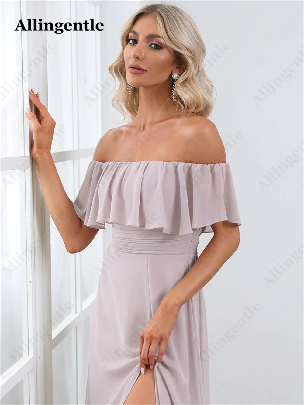 Allingentle Bruidsmeisjesjurken voor Dames Lang Off-shoulder Ruche Mouwen Zijsplit A-lijn Vloerlengte Chiffon Galajurk Op maat