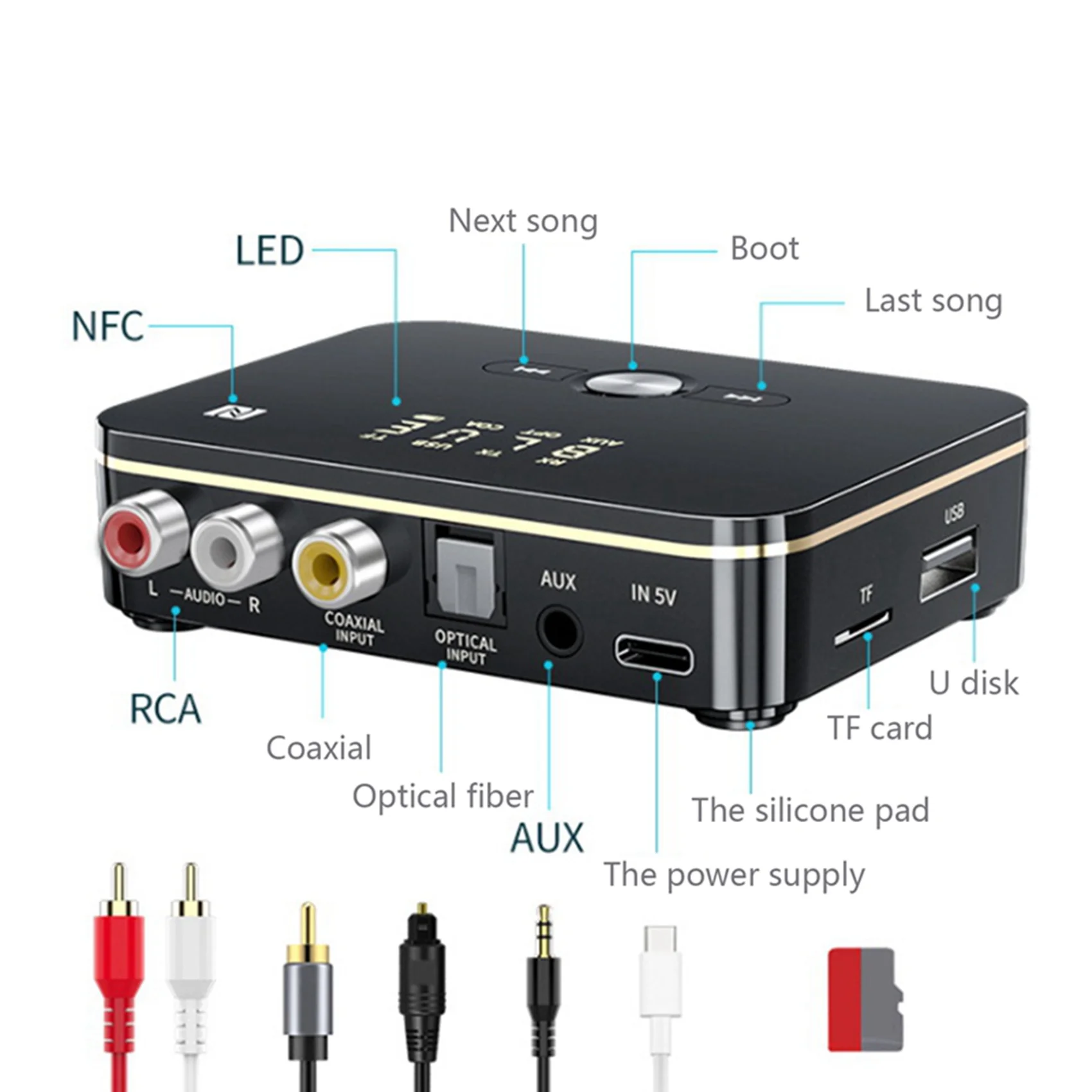 T36C M8 Bluetooth 5.0 Audio Receiver Transmitter APTXLL 3.5mm AUX Music Wireless Adapter with Mic NFC for Car TV Speakers