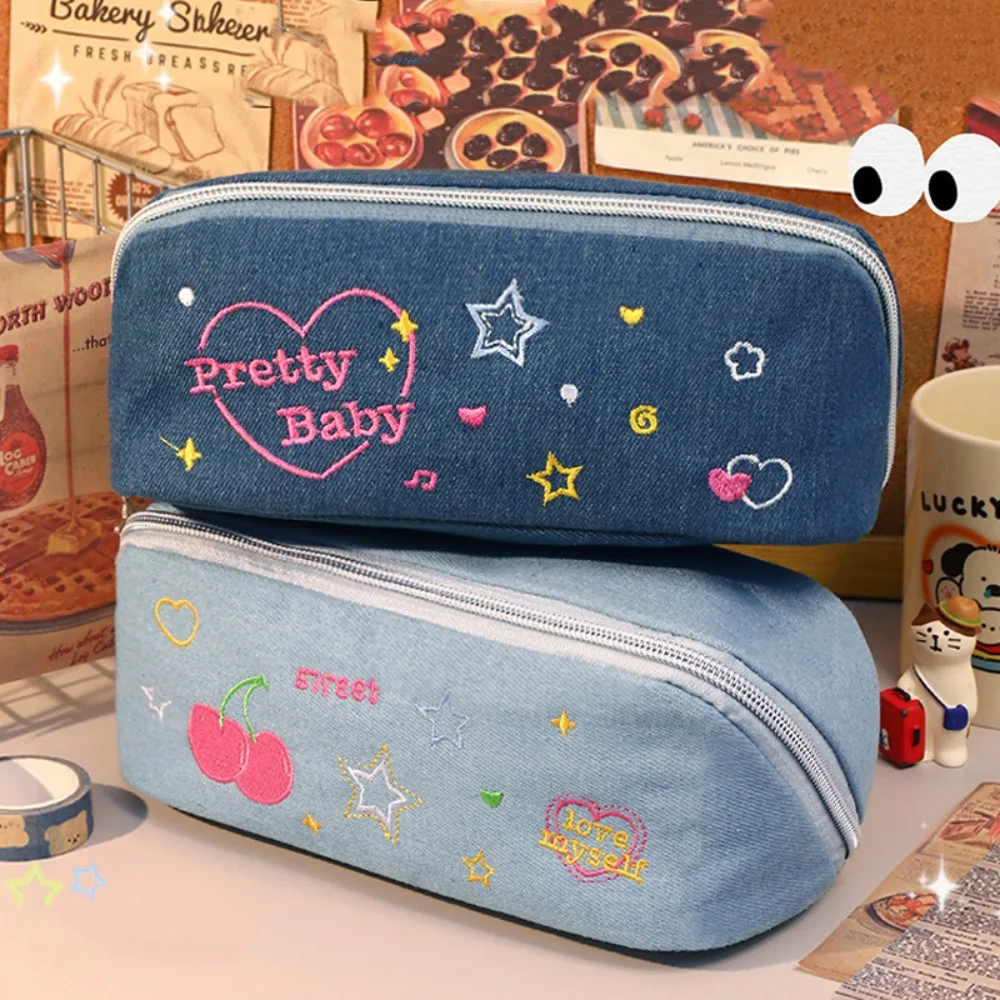 

Coin Cosmetic Bag Storage Bag Y2k Pencil Bag Large-capacity Y2K Vintage Denim Pencil Case Denim Zipper Aesthetic Pen Bag Office