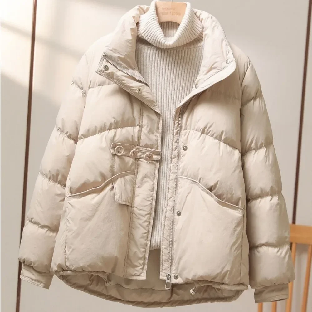 Standing Neck Loose White Duck Down Warm Jacket Women 2024 New Winter Buttons Solid Color Warm Casual Fashion Puffer Bread Coat