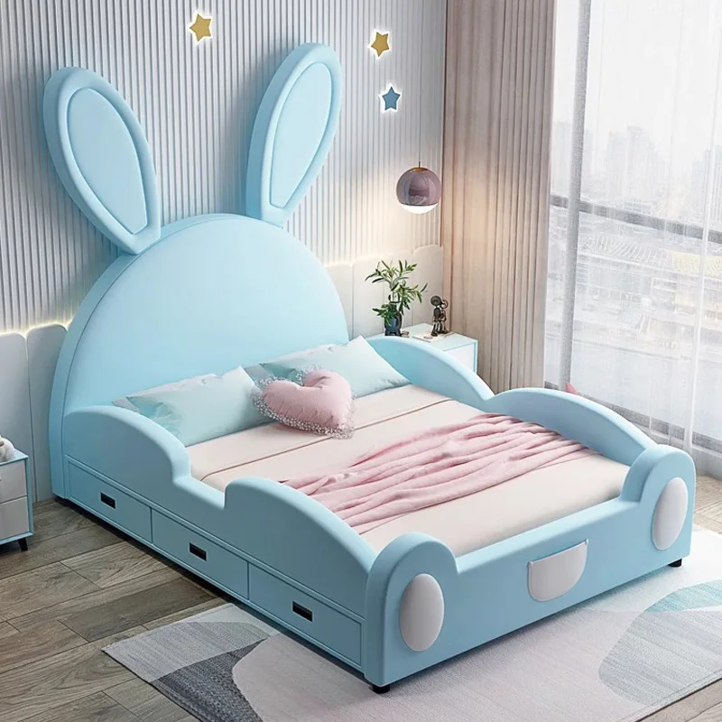 *Modern Single Girl Princess Bed Guardrail Drawer Storage Pink Cartoon Rabbit Bed Soft Bed