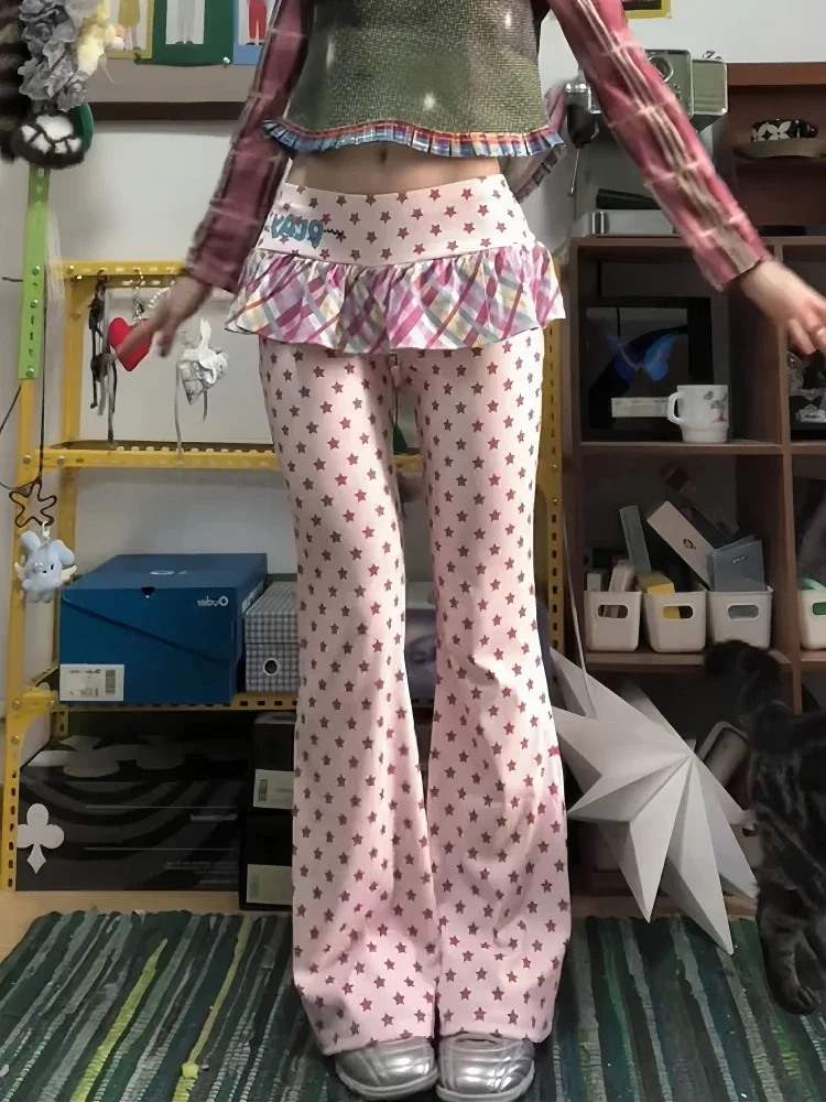 새로운 가을 겨울 여성 Y2K 롱 팬츠 페이크 투피스 2000년대 케이팝 패션 갸루 로우라이즈 플레어 팬츠 스키니 스윗 하라주쿠