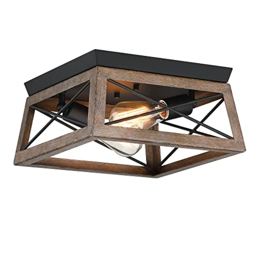 

2-Light Farmhouse Flush Mount Ceiling Light Fixture with Wood Grain Vintage Industrial Ceiling Mount Cage Light for Closet Hall
