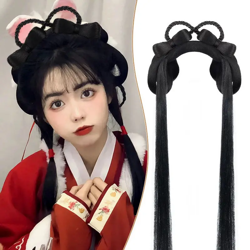 

Ming Dynasty Hanfu Cosplay Wig All-in-One Puffy Horn Bun Bowknot Clip-in Ancient Chinese Hair Daily Updo Hairpiece for Women