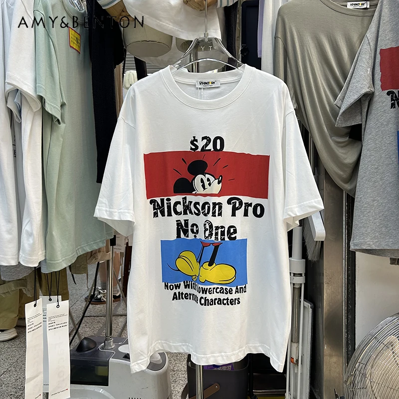 

Medium And Long Oversized Short-sleeved T-shirt Women's Summer European O-neck Cartoon Age Reduction Loose Versatile Thin Tees