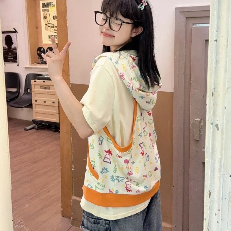 Japanese Anime Subculture Y2K Graffiti Hooded Women's Waistcoat Original Design Sweet Cute Age-Reducing Sleeveless Jacket Ladies