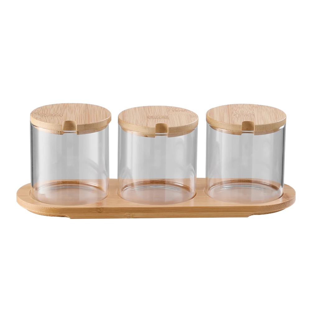 3Pcs Glass Spice Jars Seasoning Box Set with Bamboo Spoons