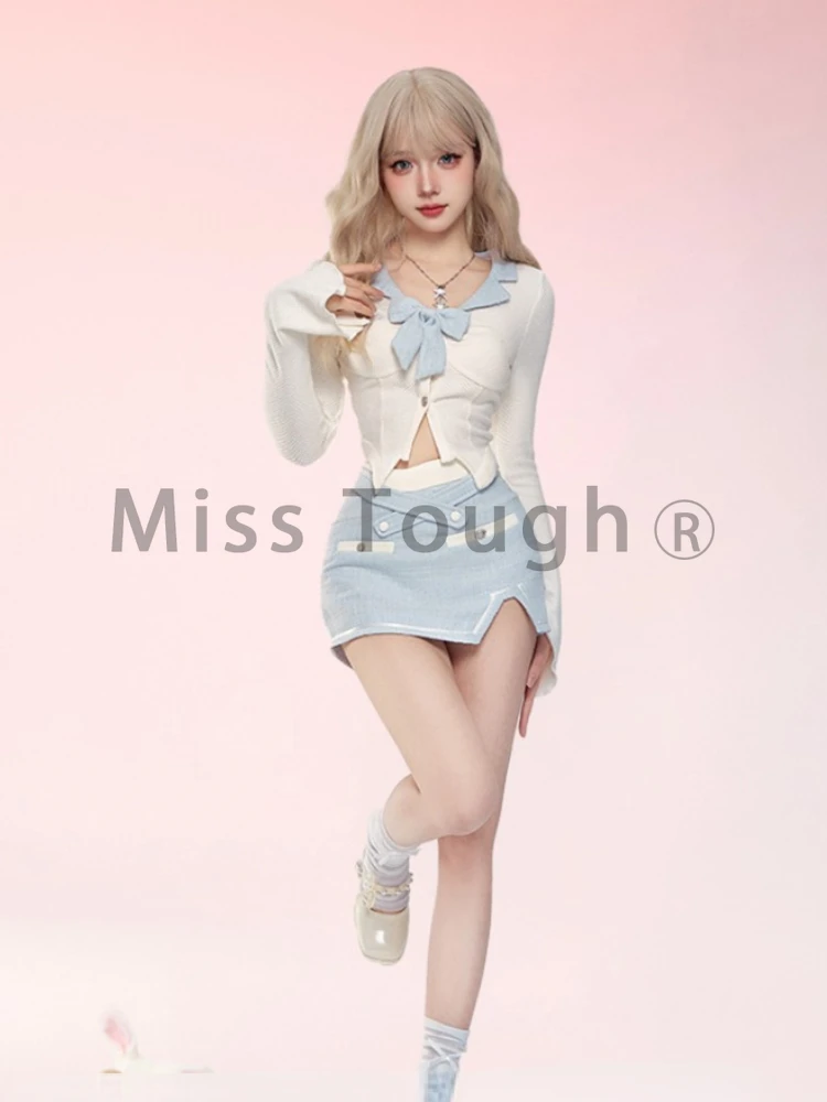 Autumn Blue Kawaii Lolita Two Piece Skirt Set Women Bow Long Sleeve Sweet Y2k Suit Female Korean Fashion Designer Sweet Set 2023