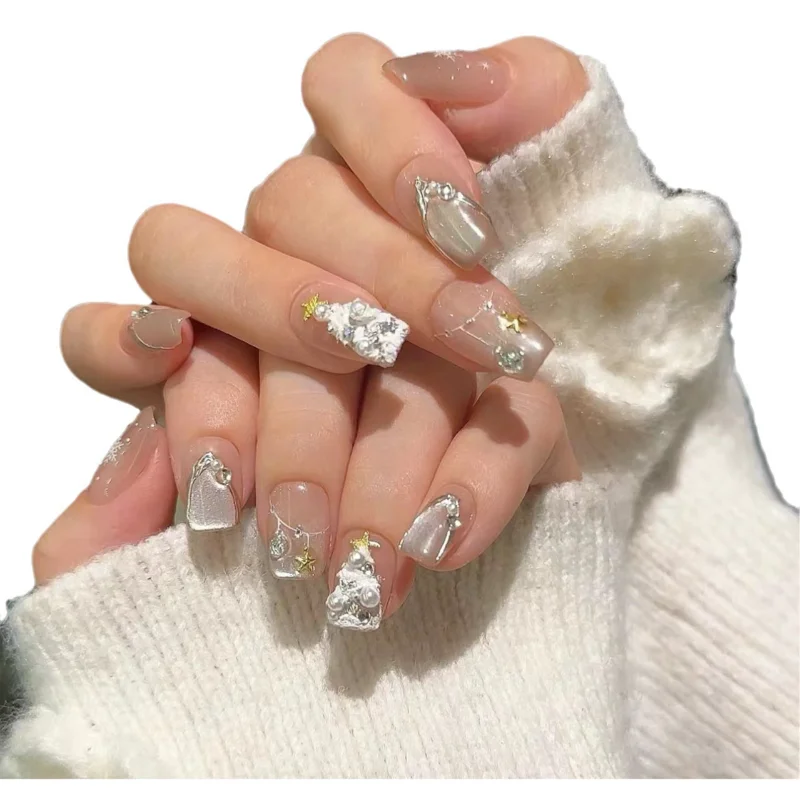 

Pure handmade phototherapy wearing nail ice through Christmas cat's eye finished product reuse nail patch removable
