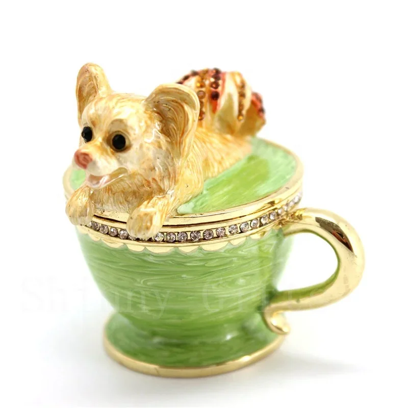 

SHINNYGIFTS Christmas Gifts Pewter Enamel Dog on Coffee Cup Trinket box Home Decorative Jewelry Gift Box