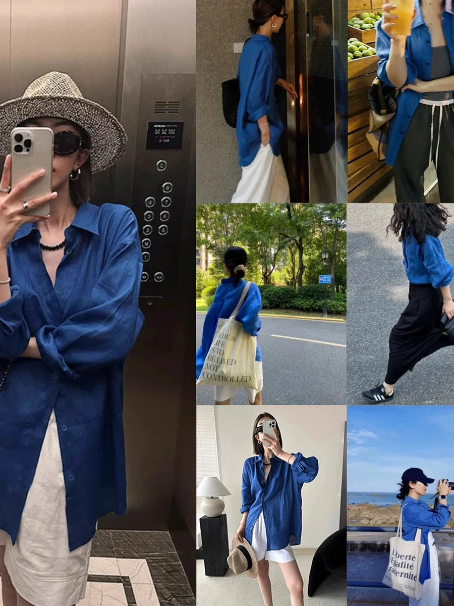 E Csa de Lino de Manga Larga, Ajuste Hoado, ra, de Aodón y Lino, Csa Azul Versátil, Estilo Cárdigan Abie...