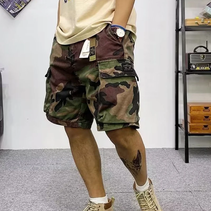 Trendy Brand Camouflage Cargo Shorts Men's Summer American Belt Multi-Flap Pocket Pants Mid-Pants Loose Casual Trousers