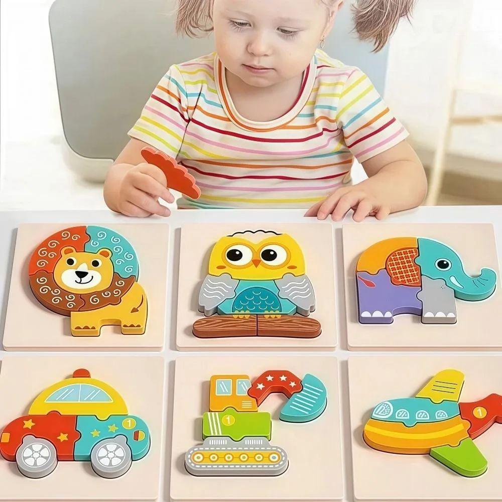 3D Children Wooden Puzzle Cartoon Embedded Animal Jigsaw Puzzles 2 in 1 Animal Cognition Early Learning Puzzle Set