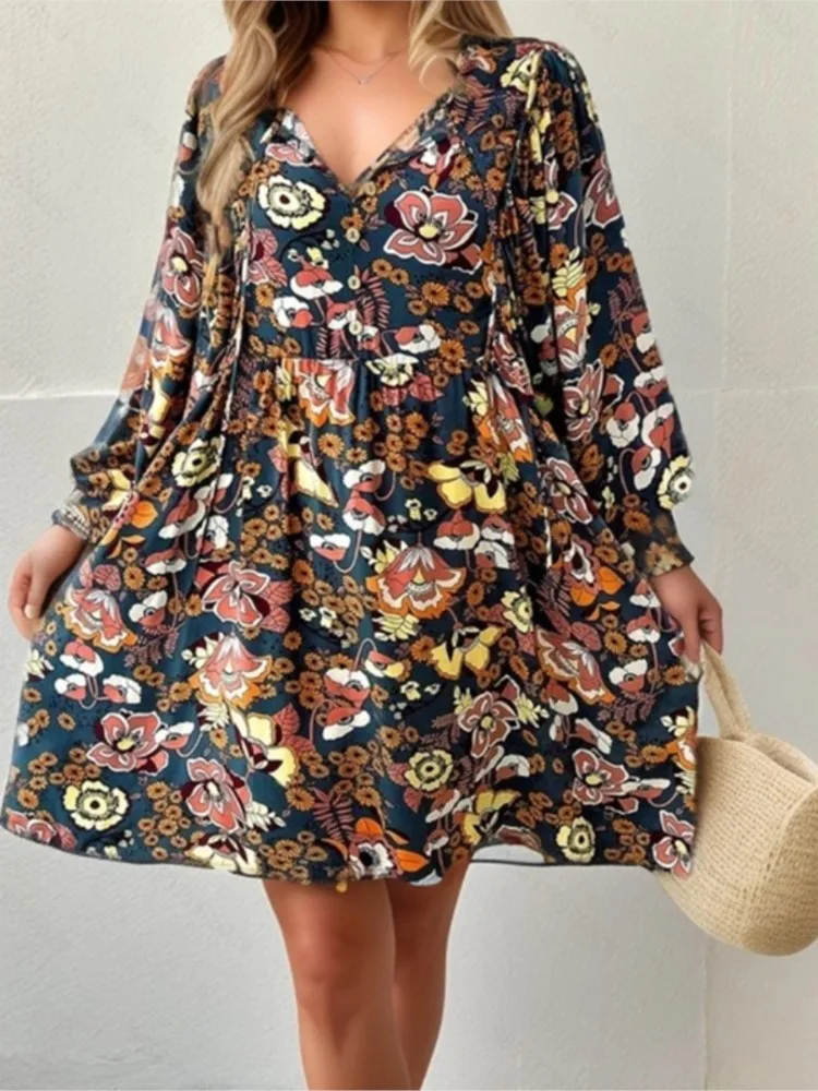 

Dresses Spring Summer 2024 For Woman New Flower Print V-Neck Lace-up Long Sleeve Elegant Casual Loose Vintage Female's Vestidos