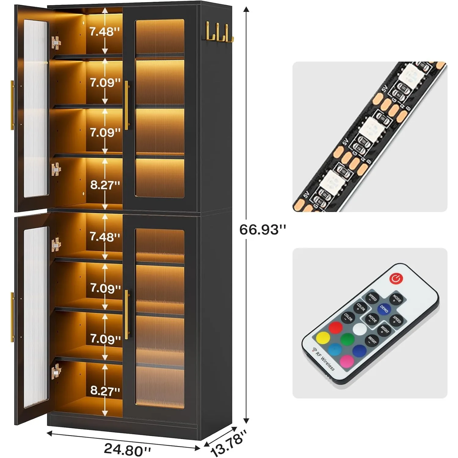 خزانة كتب بأبواب وإضاءة LED، رف كتب بطول 67 بوصة مع أرفف 8 طبقات لغرفة المعيشة والحمام والمكتب والمطبخ