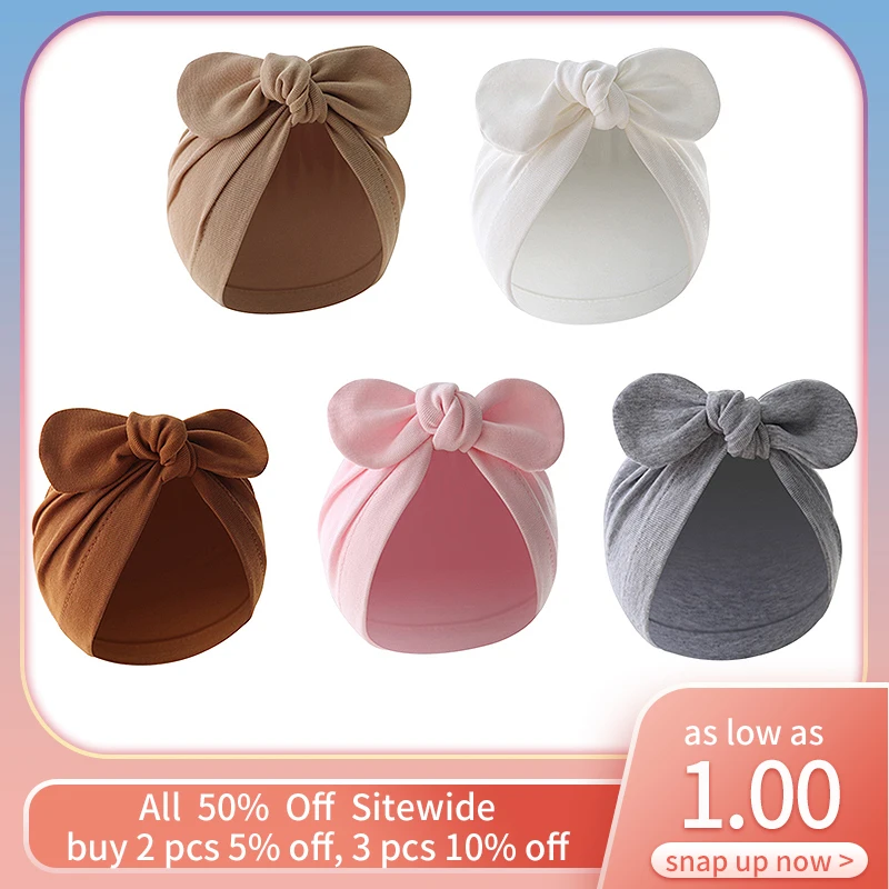 Solid Color Newborn Indian Hat Big Bow Infant Infant Cap Soft Cotton Baby Beanie Elastic Headband Hairband Kids Hair Accessories