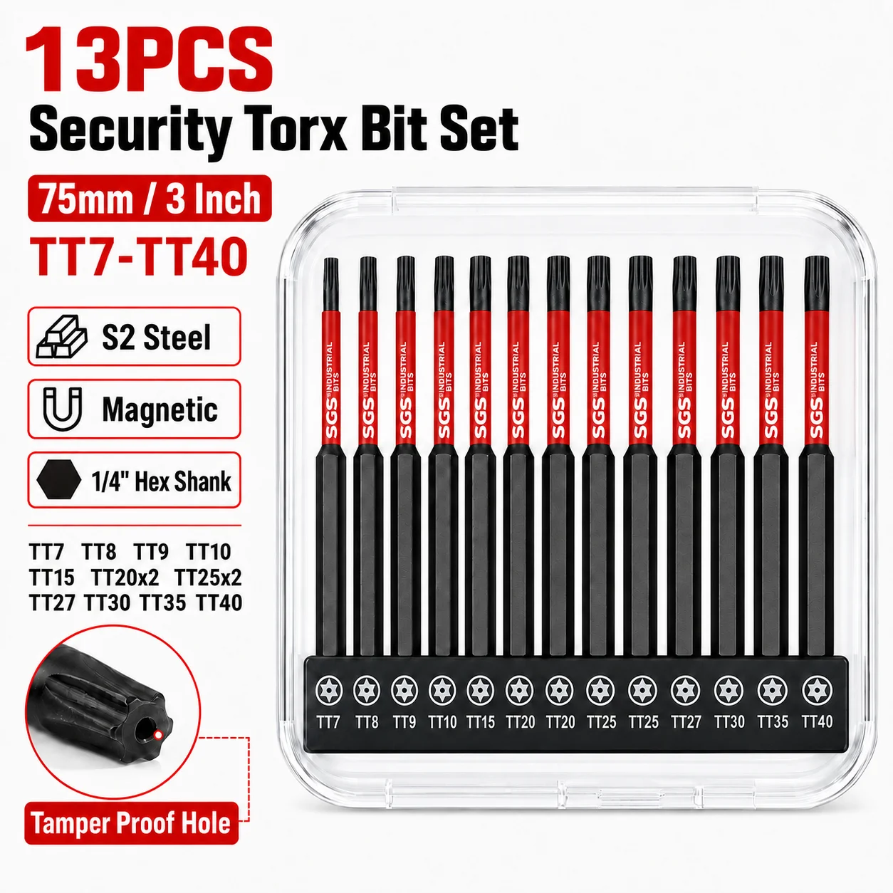 13-teiliges 75mm Sicherheits-Torx-Schraubendreher-Bit-Set, TT7-TT40 Manipulationssichere Sternbits, S2 Stahl Magnetische Schlagschrauber-Bits, 1/4 Zoll Sechskantschaft mit Aufbewahrungsbox