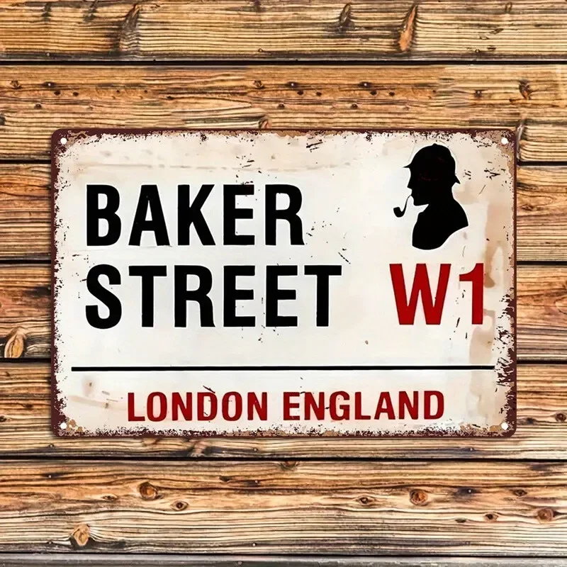 Baker Street W1 London England Metal Tin Sign - 221B Address, Heavy-Duty Iron Retro British Wall Decor for Home, Office, Pub