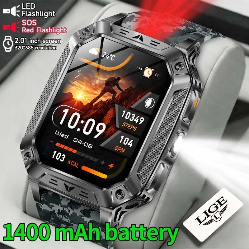 

2026 New Military 1400mAh Battery Smart Watch Men Flashlight Red Light Sport Watches Waterproof Bluetooth Call Smartwatch reloj