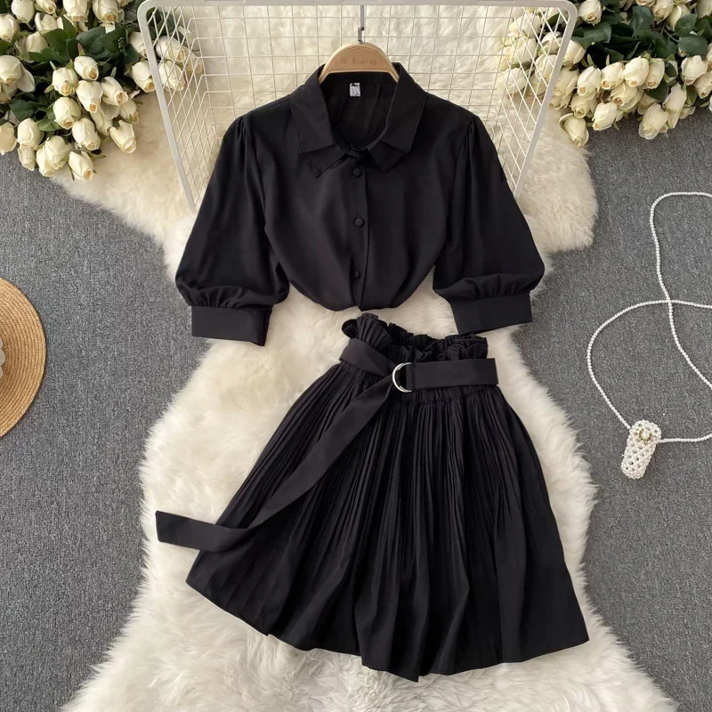 Two Peice Set For Women Summer Turn Down Collar Crop Top Shirt Pleated Mini Skirt Set Tracksuit Lounge Club Outfits Streetwear